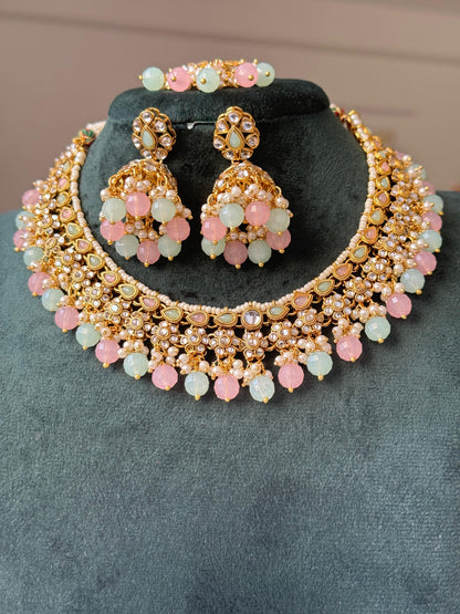 Pastel Kundan Necklace Set with Maangtika