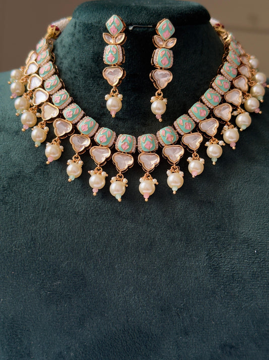 Ravya Pachi Kundan Meenakari CZ Necklace Set