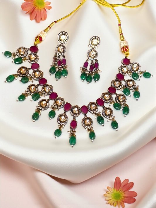 Noorvi Polki Green & Ruby Statement Necklace Set