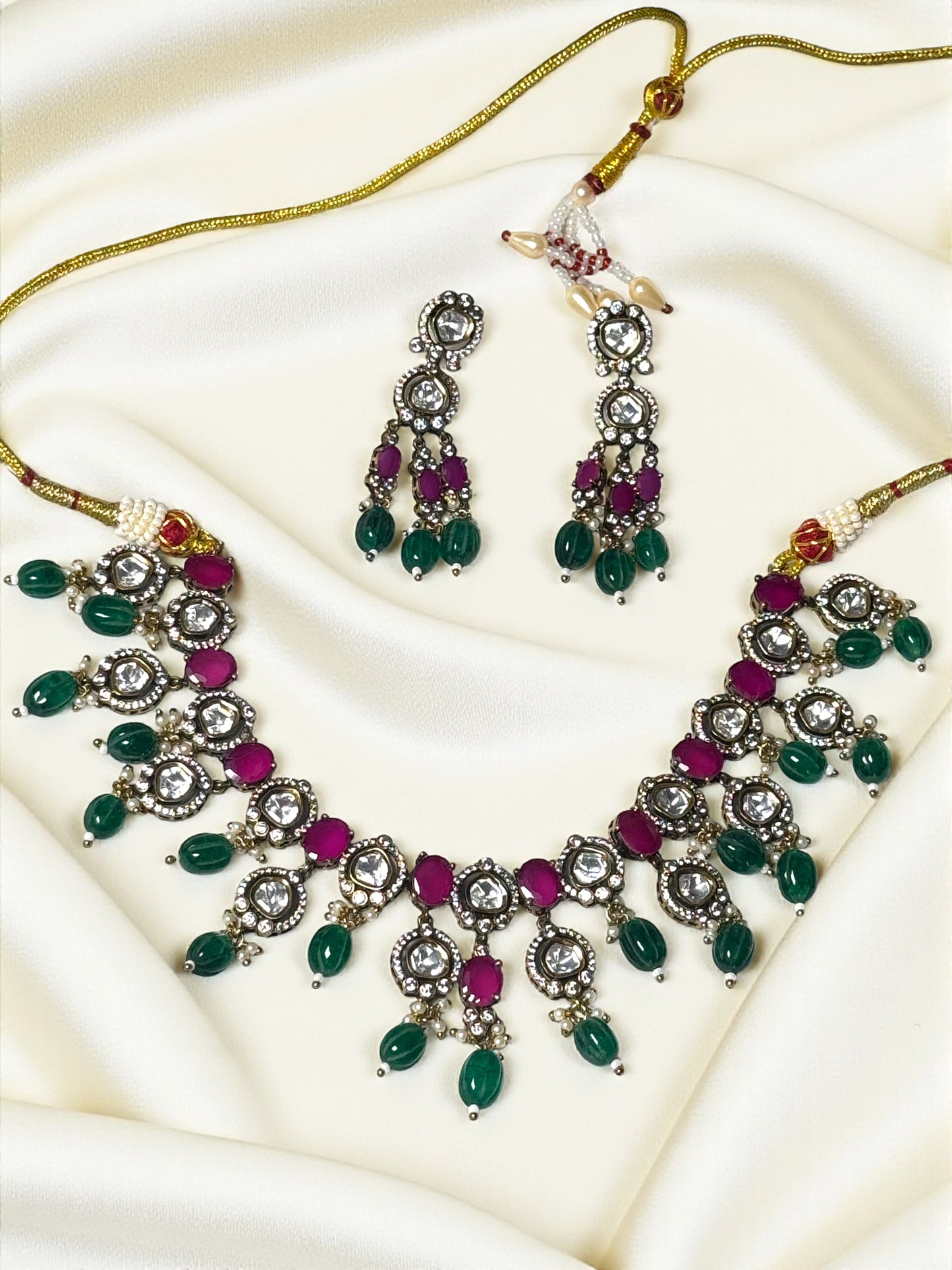 Noorvi Polki Green & Ruby Statement Necklace Set