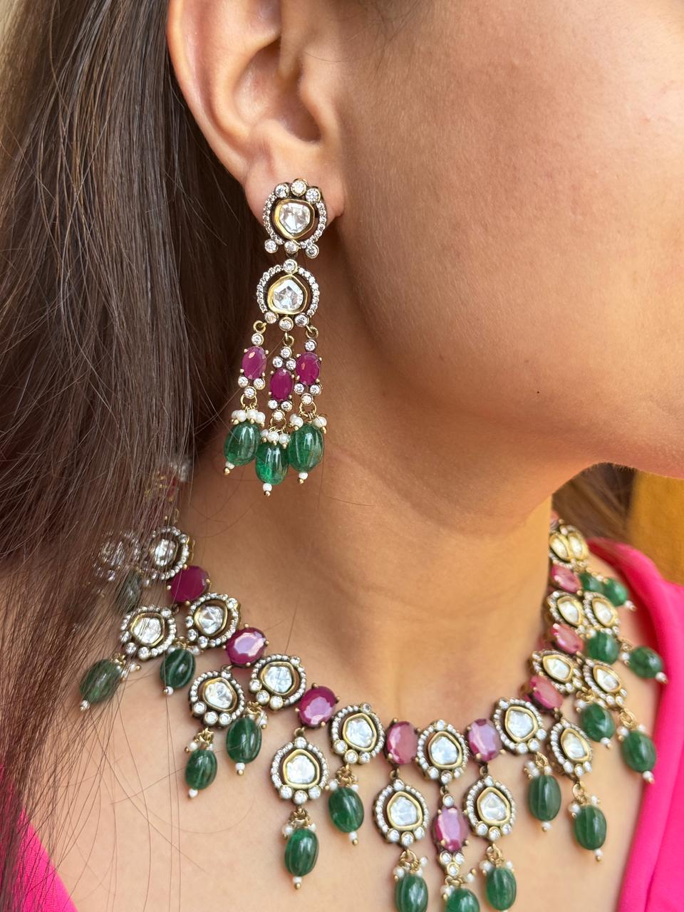 Noorvi Polki Green & Ruby Statement Necklace Set