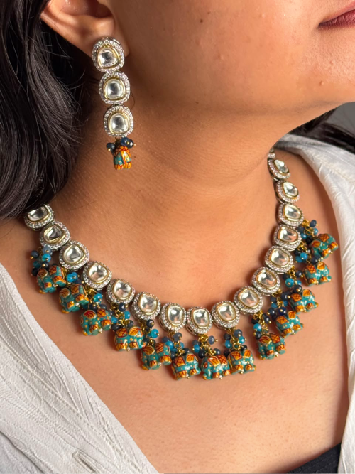 Turquoise Elephant Kundan Statement Necklace Set