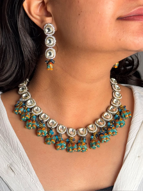 Turquoise Elephant Kundan Statement Necklace Set
