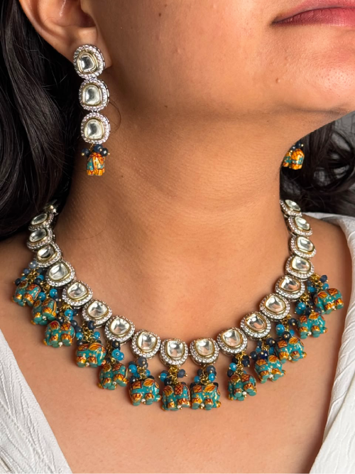 Turquoise Elephant Kundan Statement Necklace Set