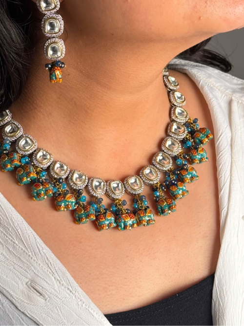 Turquoise Elephant Kundan Statement Necklace Set
