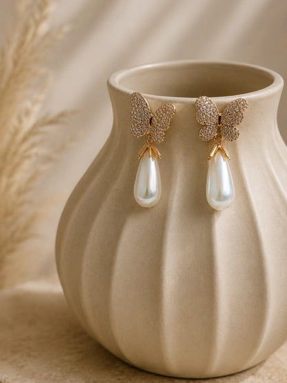 Butterfly CZ Pearl Gold-plated earrings