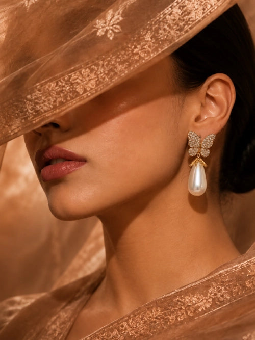 Butterfly CZ Pearl Gold-plated earrings