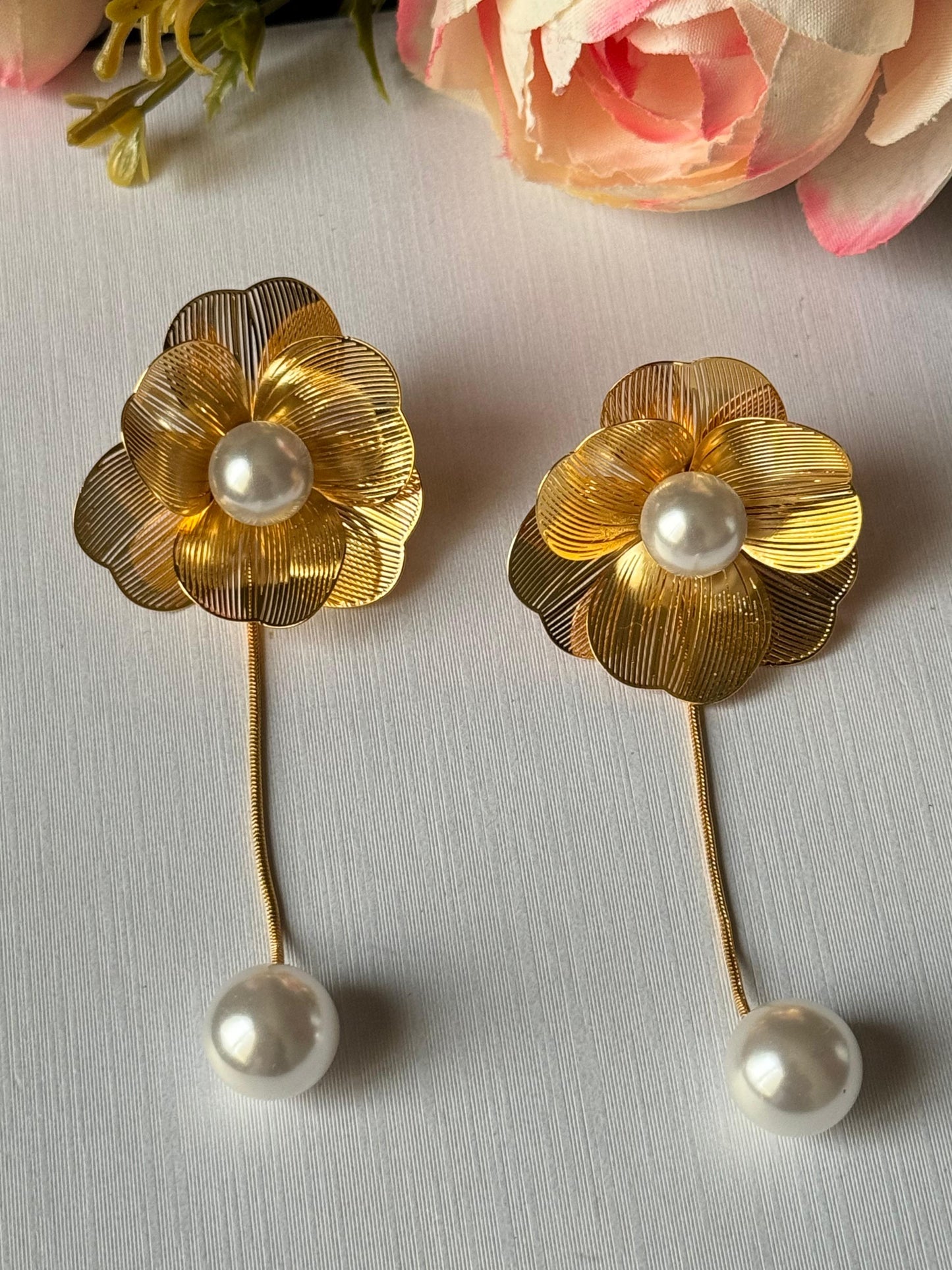 Gold Flower Pearl Drop Earring