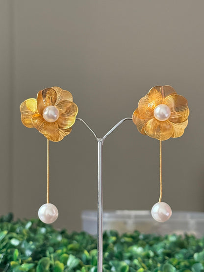 Gold Flower Pearl Drop Earring