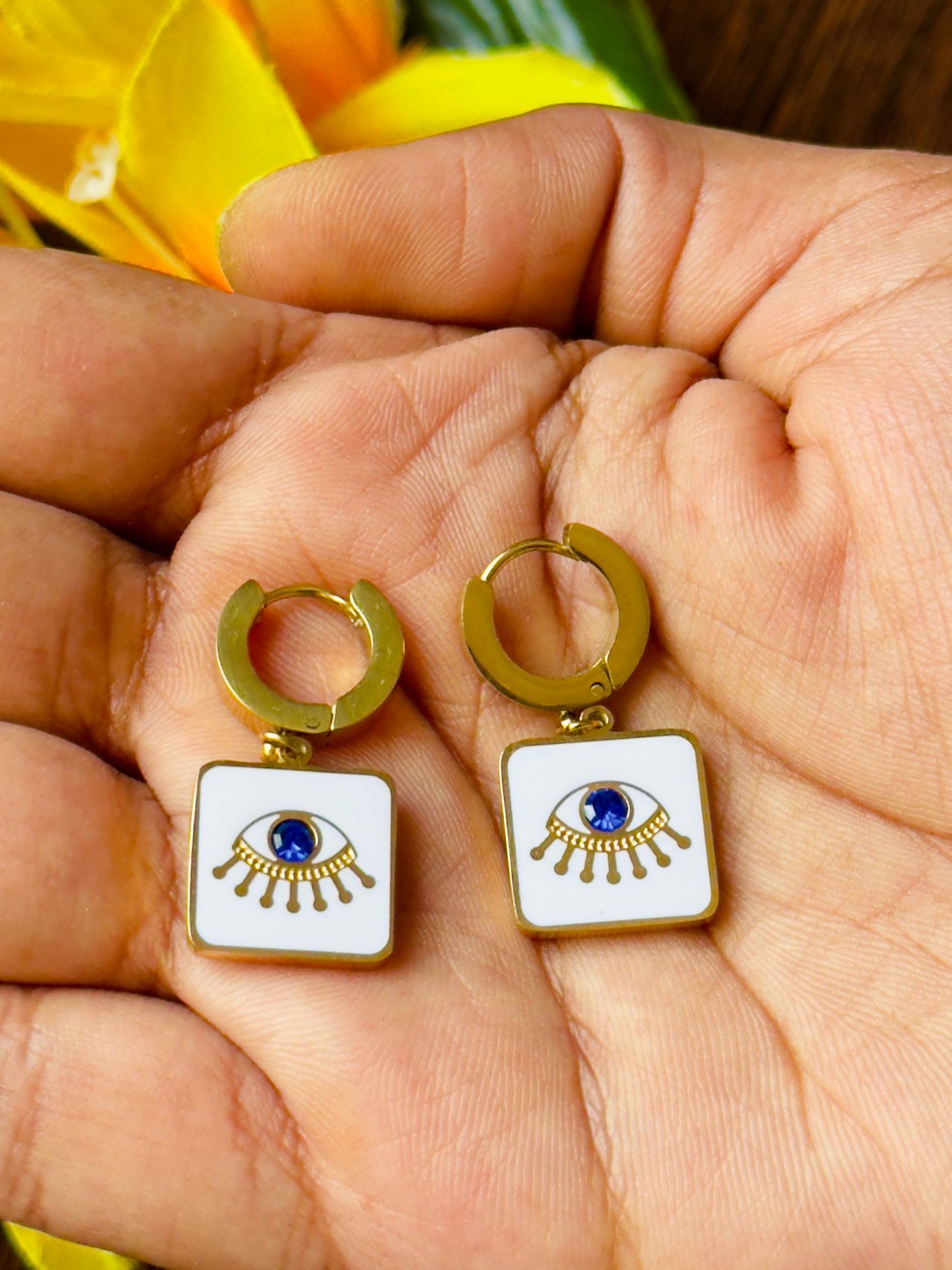 Evil Eye Enamel Hoop Drop Earrings