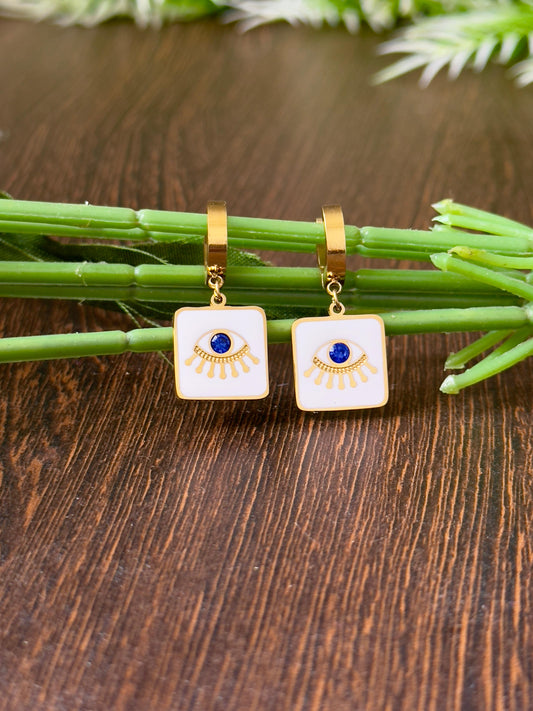 Evil Eye Enamel Hoop Drop Earrings