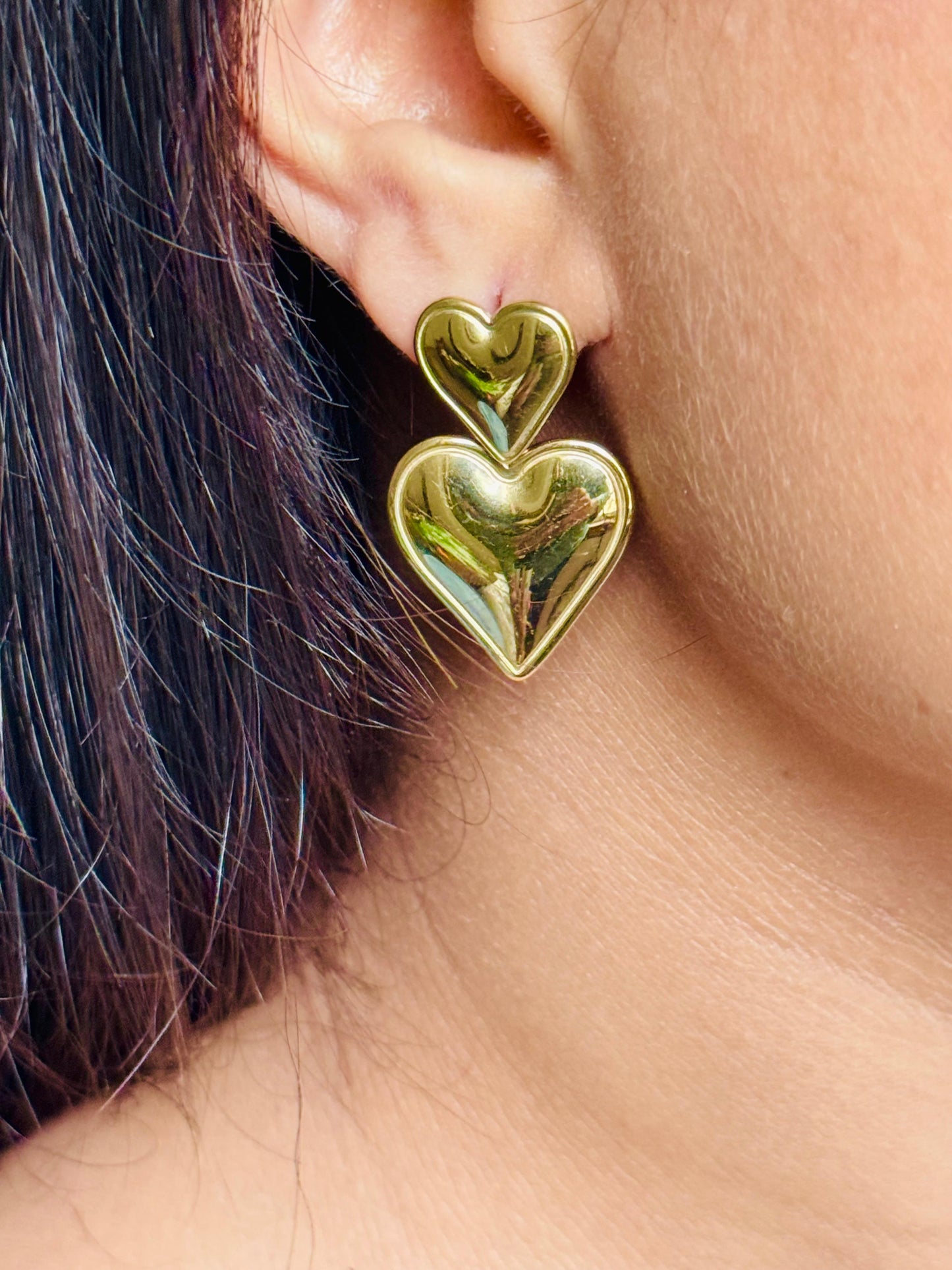 Gold Plated Double Heart Drop Earrings