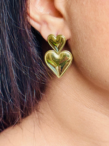 Gold Plated Double Heart Drop Earrings