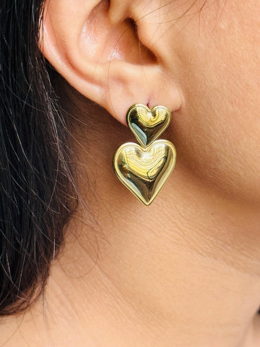 Gold Plated Double Heart Drop Earrings