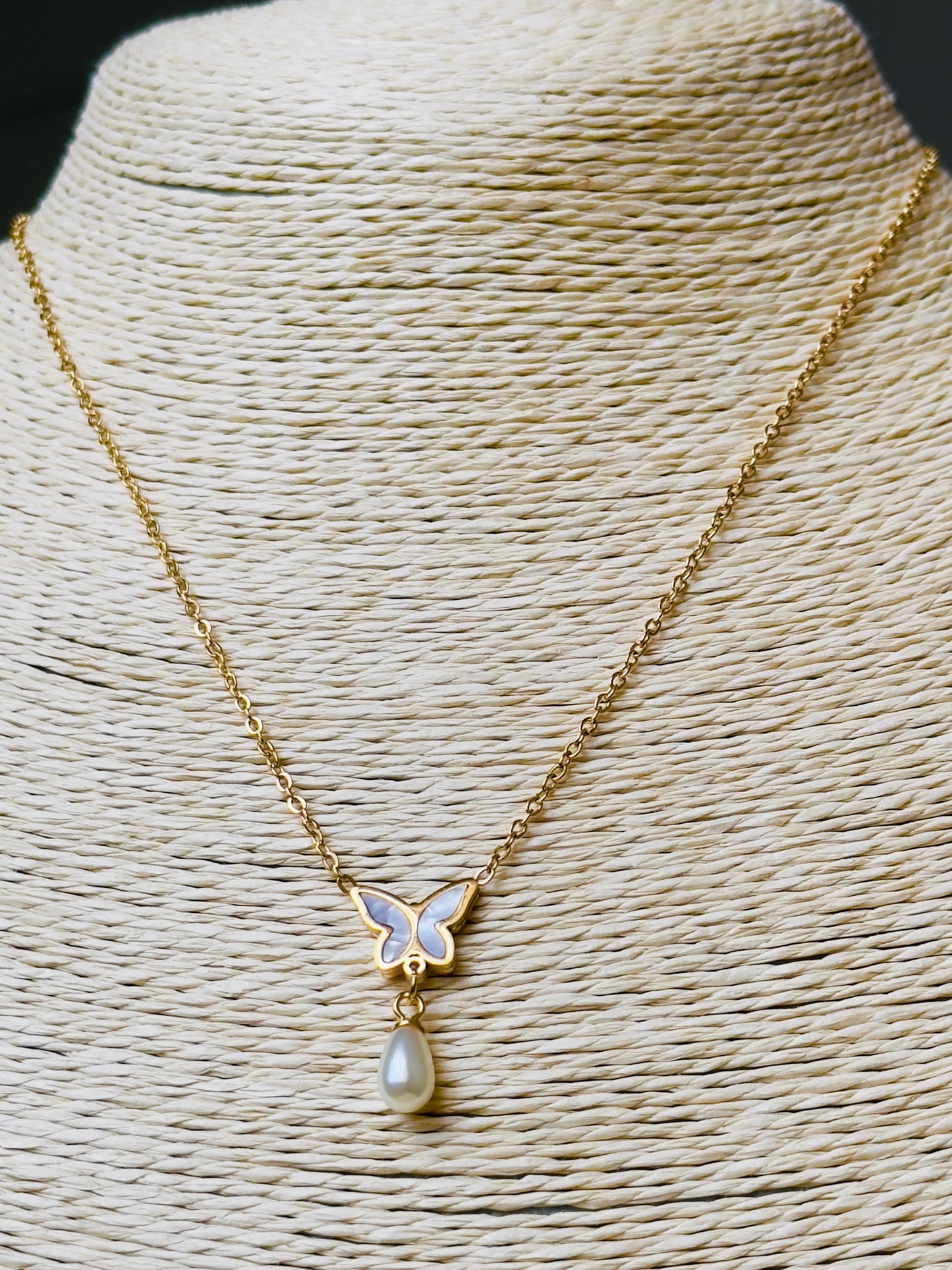 Butterfly Pearl Drop Pendant Necklace