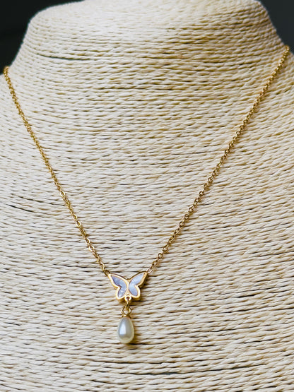 Butterfly Pearl Drop Pendant Necklace