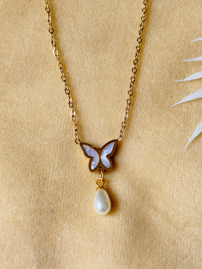Butterfly Pearl Drop Pendant Necklace