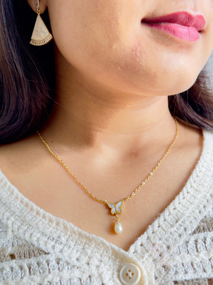 Butterfly Pearl Drop Pendant Necklace