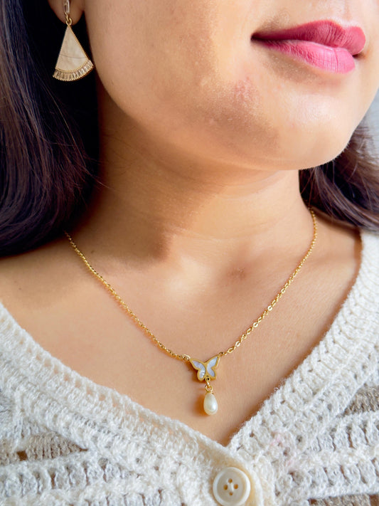 Butterfly Pearl Drop Pendant Necklace