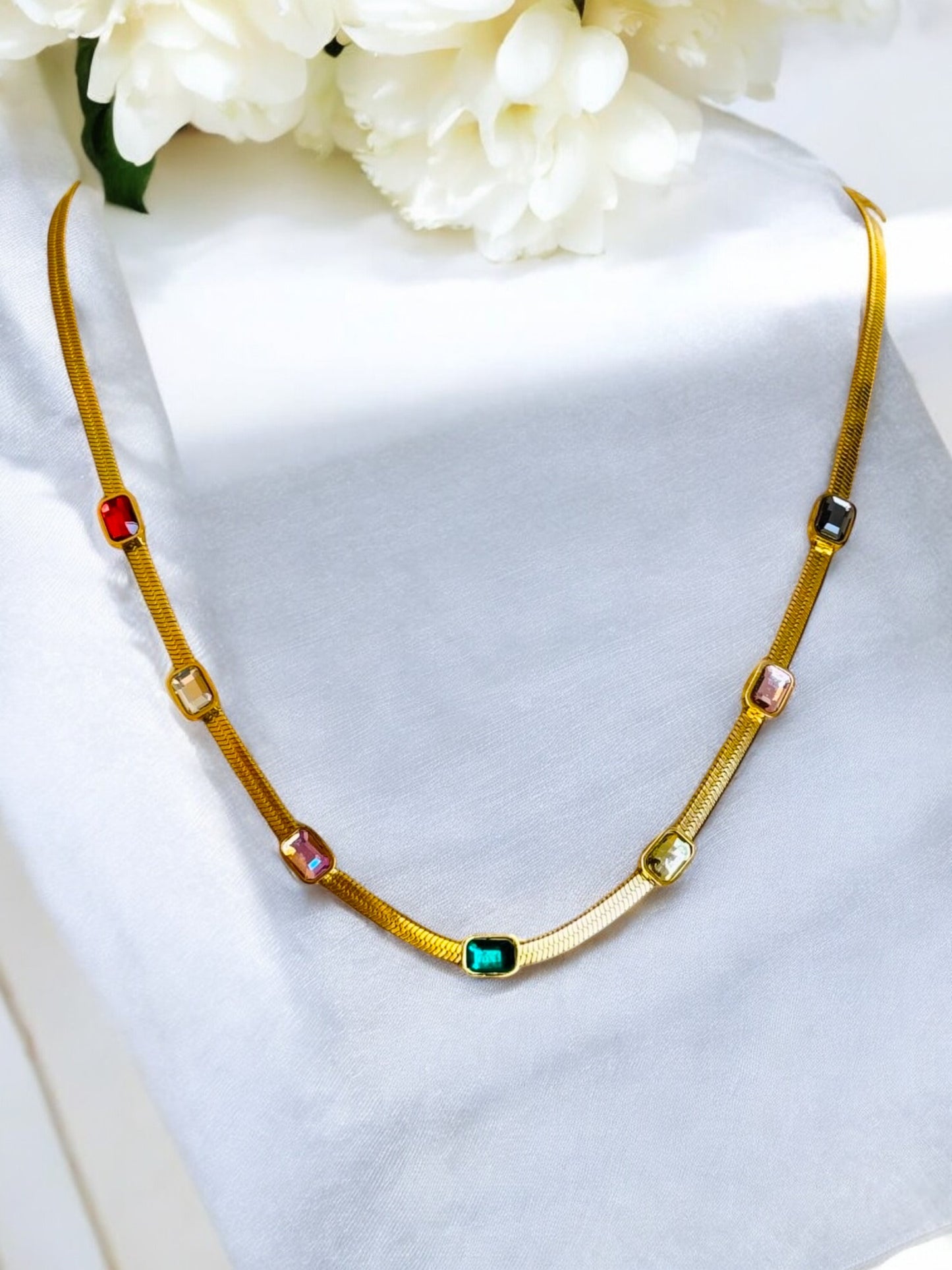 Multicolor Square Stone Chain Necklace