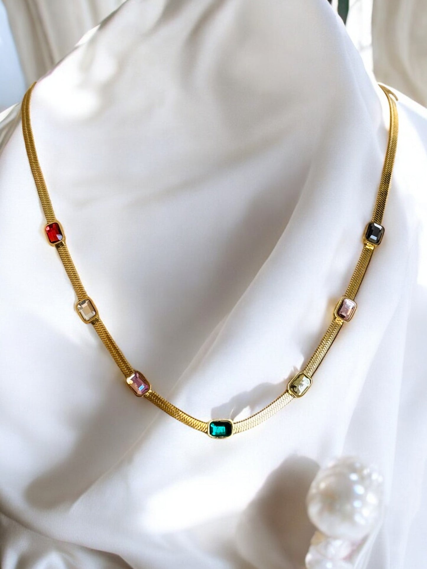Multicolor Square Stone Chain Necklace
