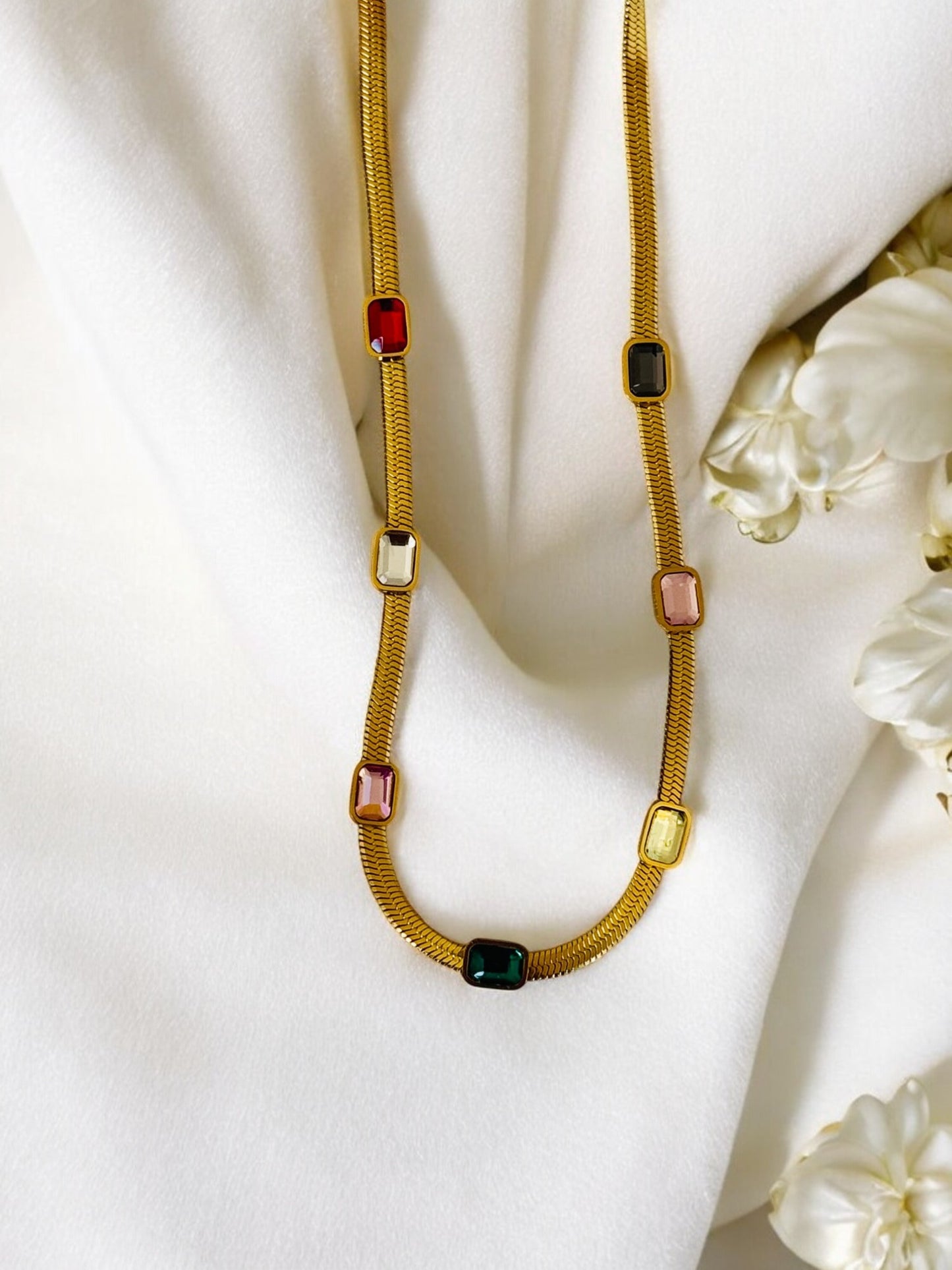 Multicolor Square Stone Chain Necklace