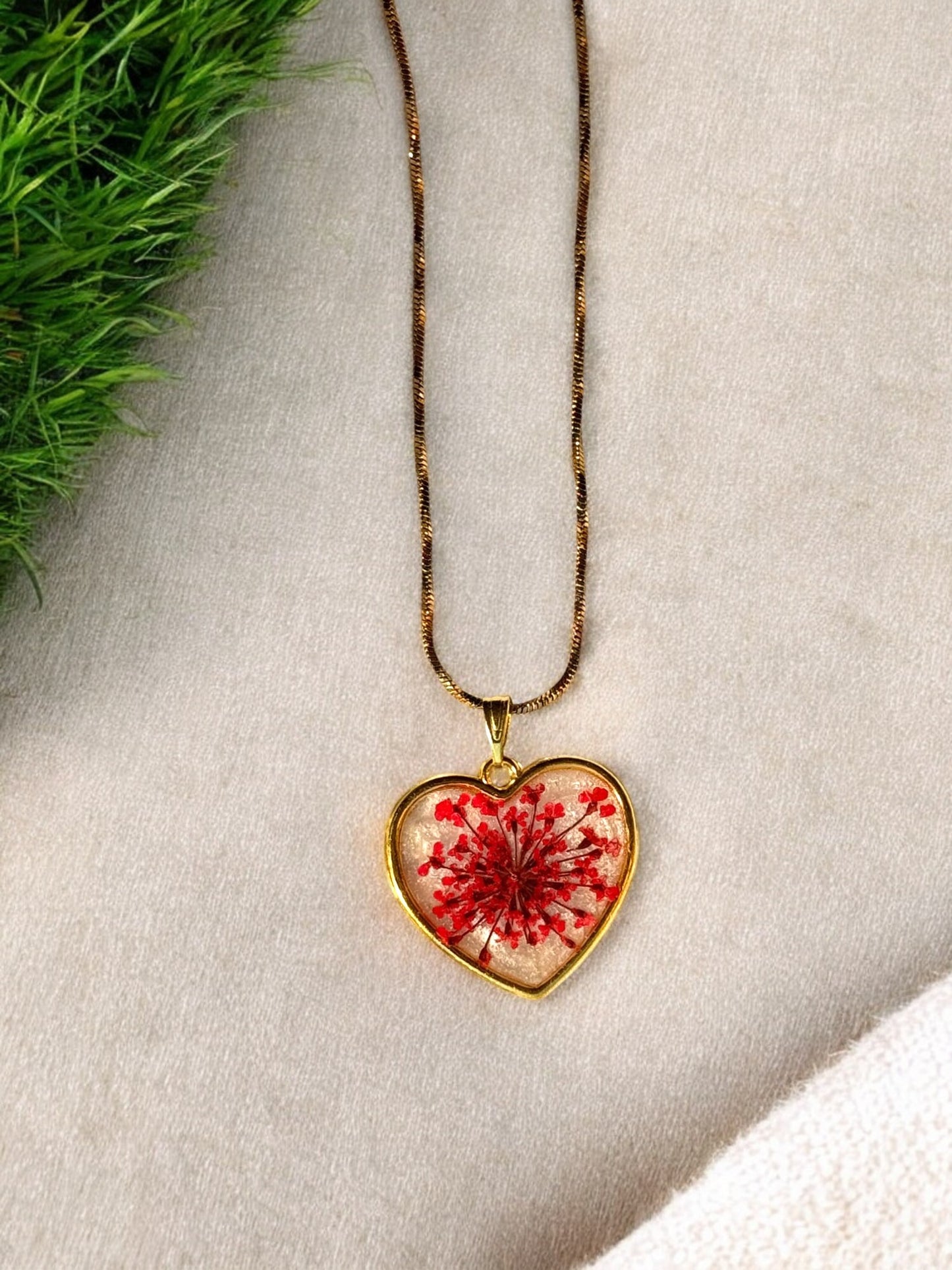 Red Floral Heart Resin Pendant Necklace