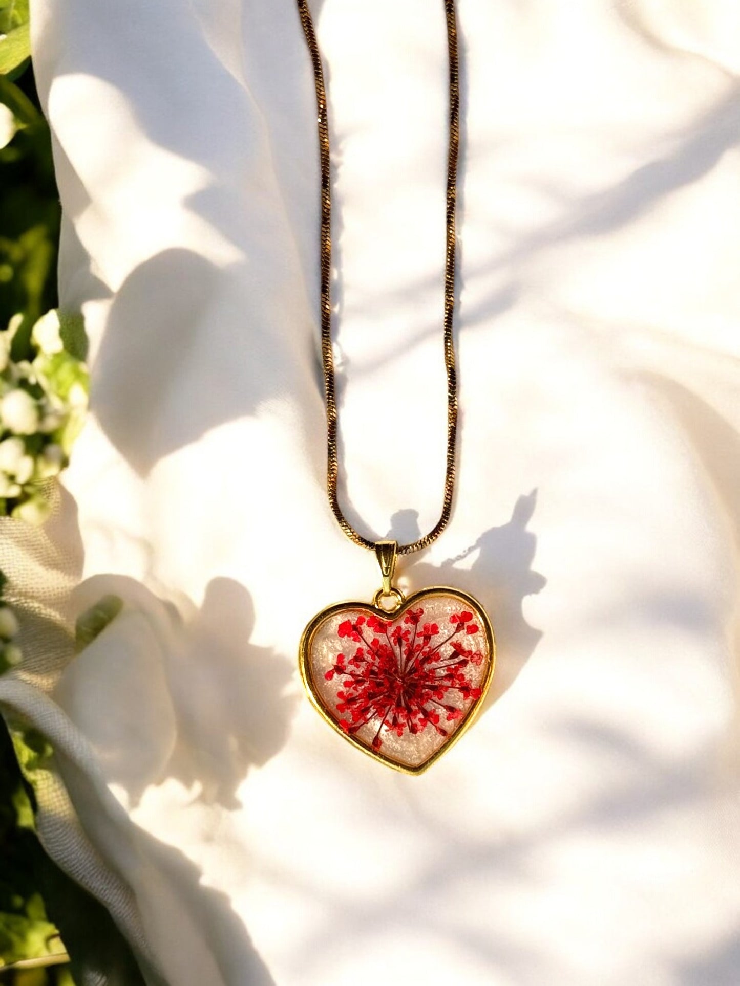 Red Floral Heart Resin Pendant Necklace