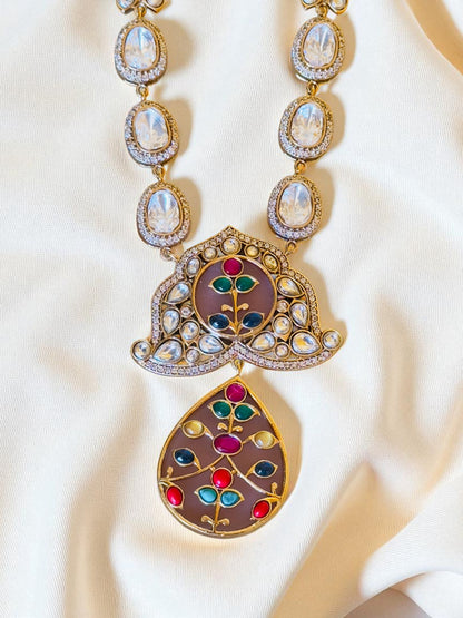 Misha Navratna Fusion Long Necklace Set with Moissanite & CZ