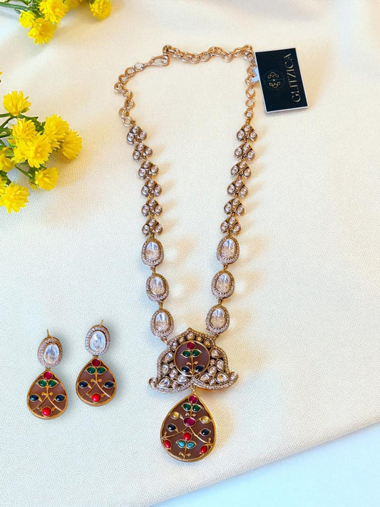 Misha Navratna Fusion Long Necklace Set with Moissanite & CZ