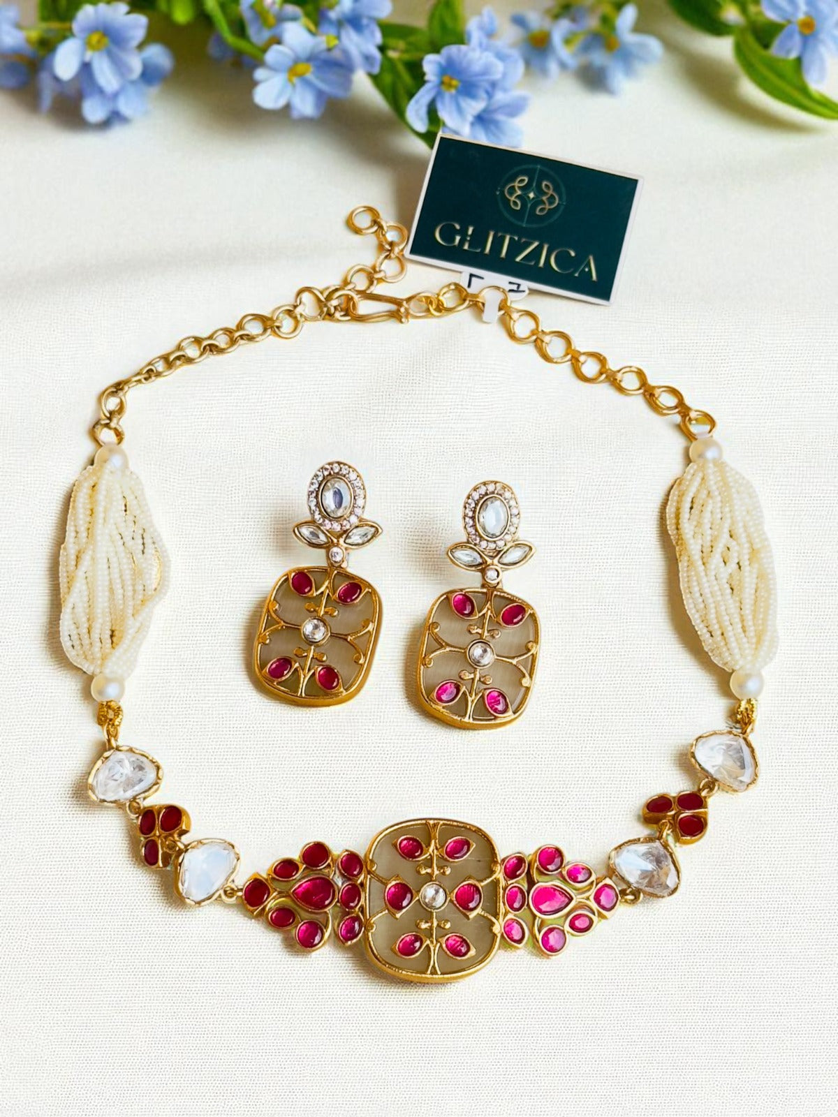 Rihana Ruby & Pearl Fusion Choker Necklace Set