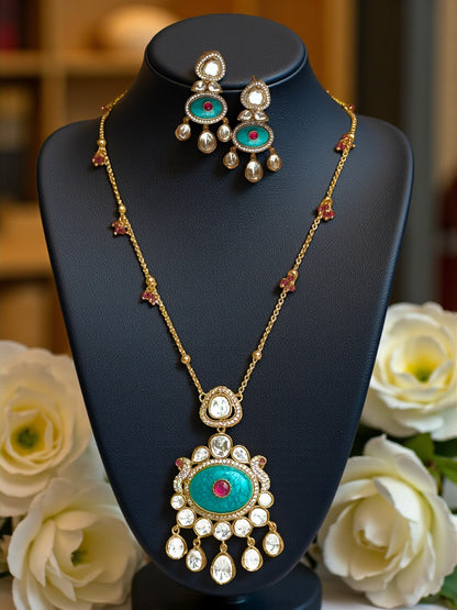Turquoise & Ruby Fusion Moissanite Long Necklace Set