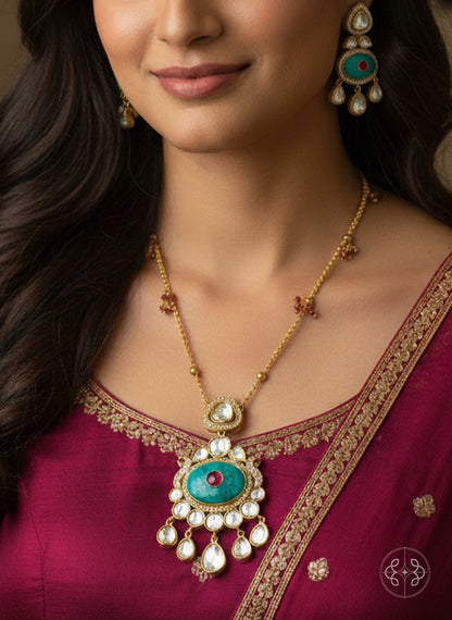 Turquoise & Ruby Fusion Moissanite Long Necklace Set