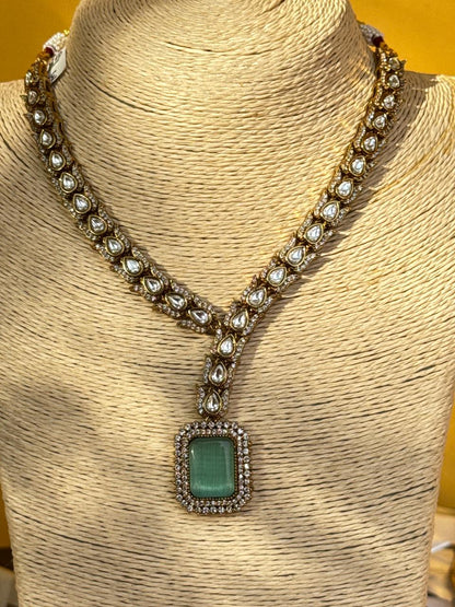 Mint Green Polki Pendant Fusion Necklace Set