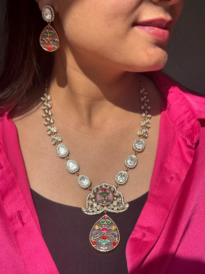 Misha Navratna Fusion Moissanite & CZ Long Necklace Set