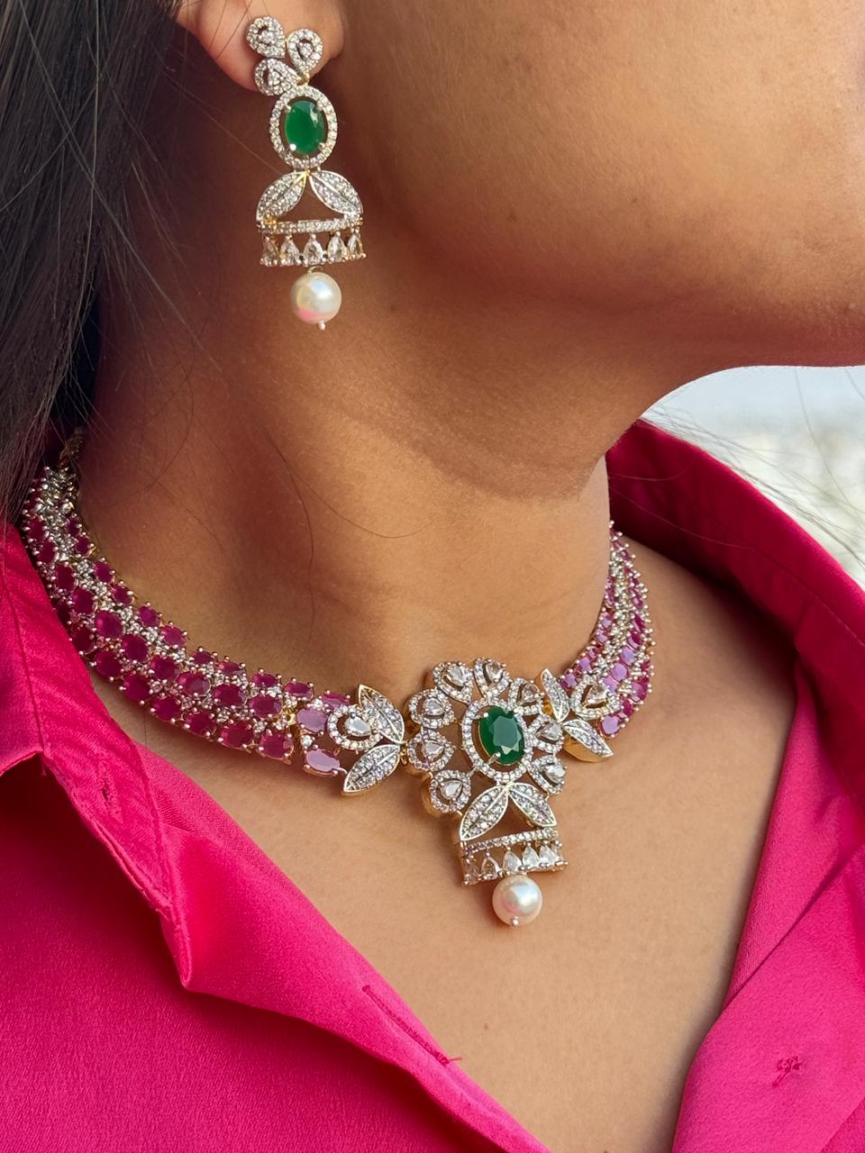 Siri Rubies Emerald AD Necklace Set