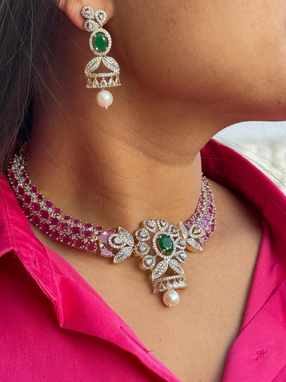 Siri Rubies Emerald AD Necklace Set