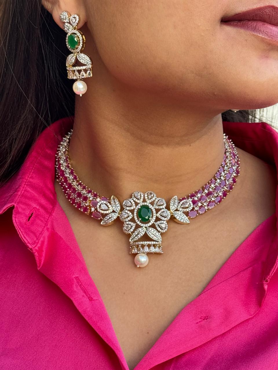 Siri Rubies Emerald AD Necklace Set