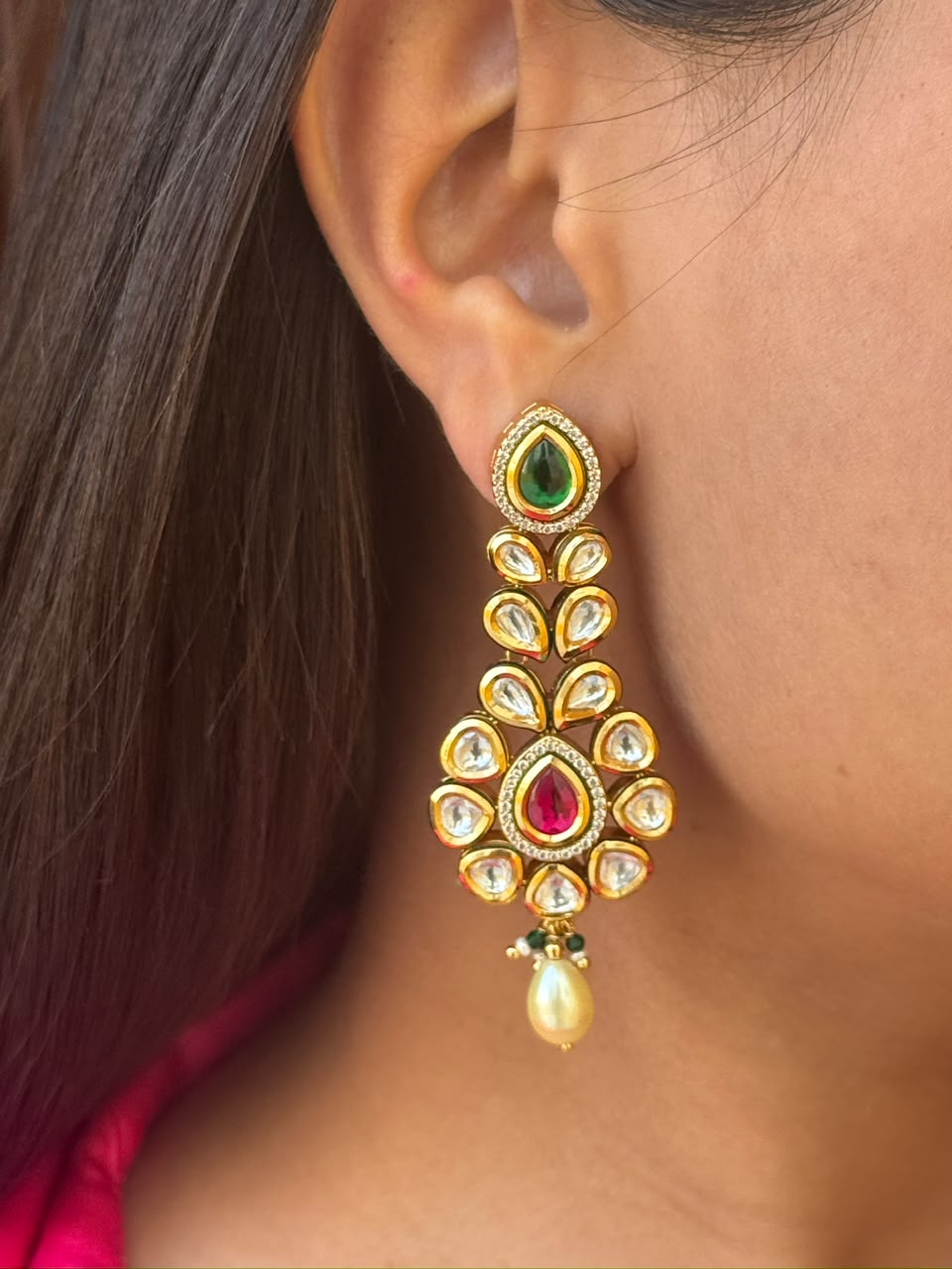 Kundan Ruby Emerald Green Drop Earrings