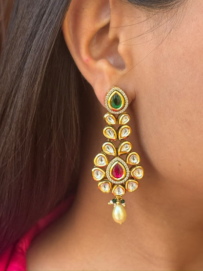 Kundan Ruby Emerald Green Drop Earrings