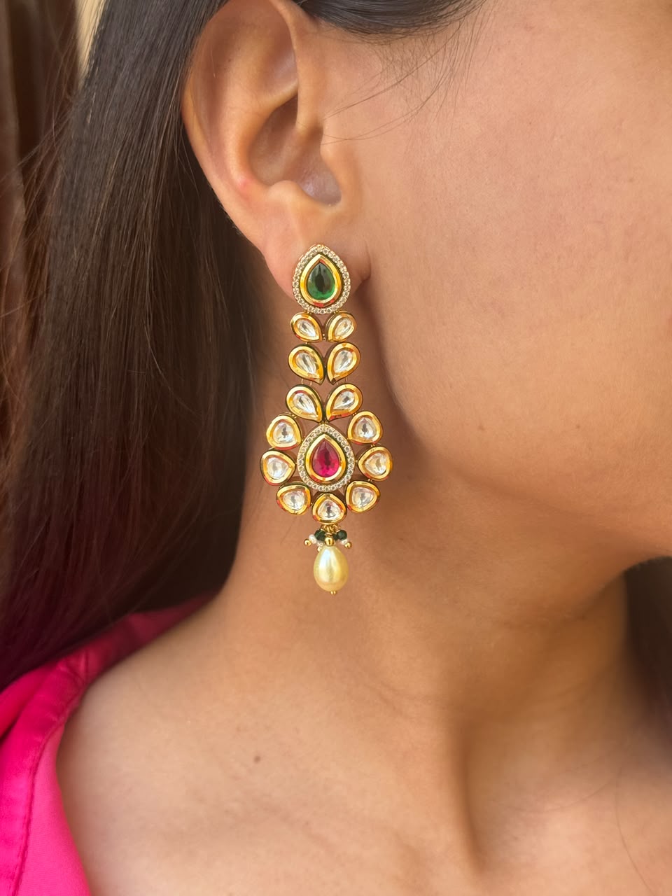 Kundan Ruby Emerald Green Drop Earrings
