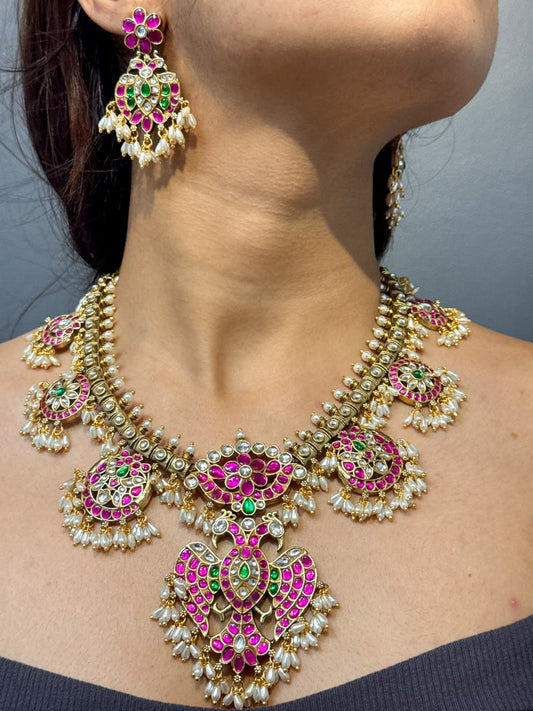 Swathi Peacock Jadua Kundan Necklace Set
