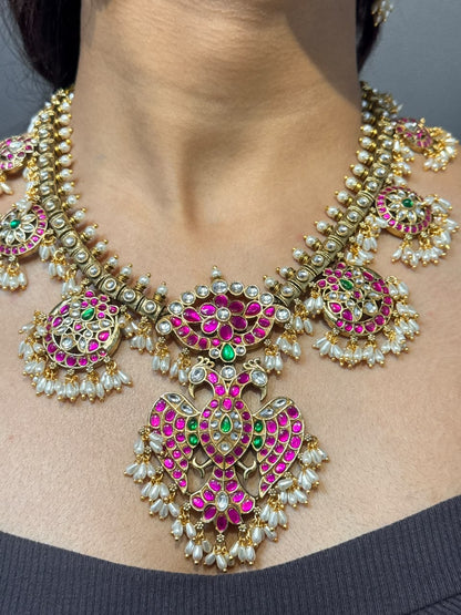 Swathi Peacock Jadua Kundan Necklace Set