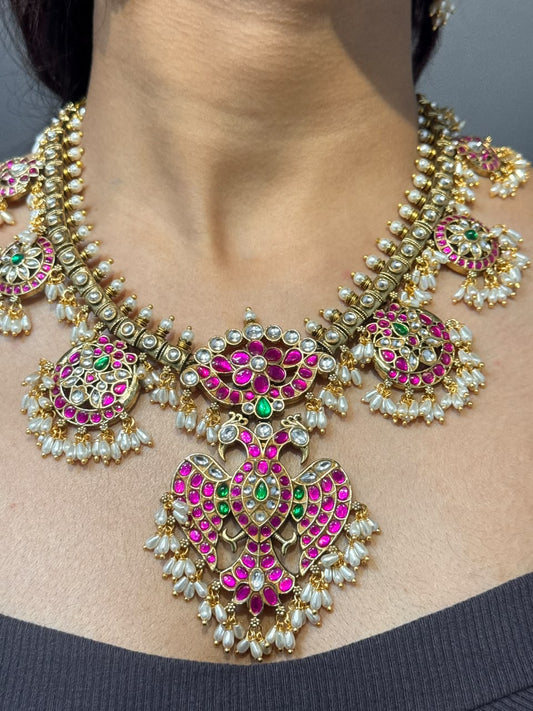 Swathi Peacock Jadua Kundan Necklace Set