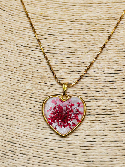 Red Floral Heart Resin Pendant Necklace