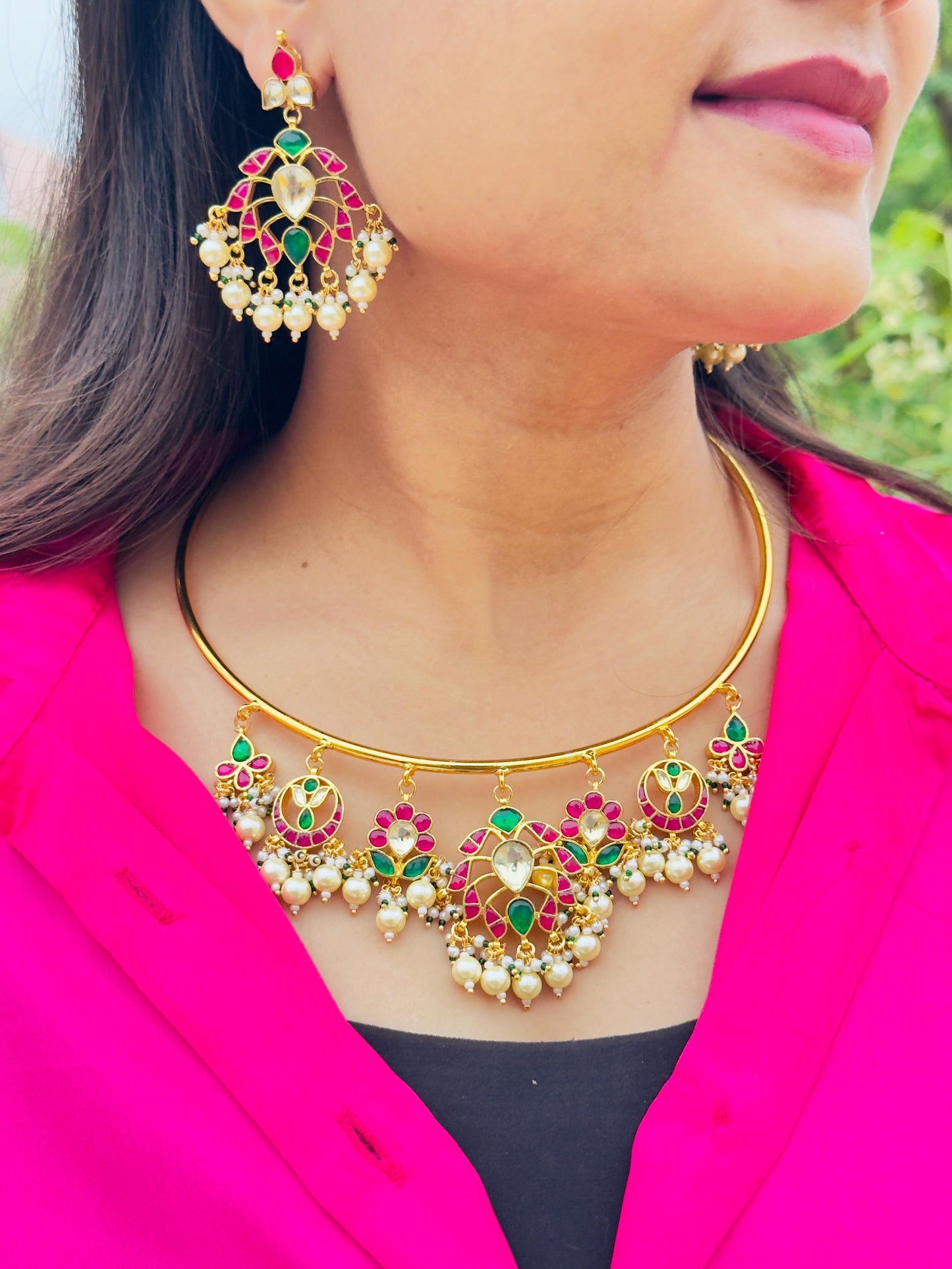 Meena Ruby & Emerald Polki Hasli Necklace Set