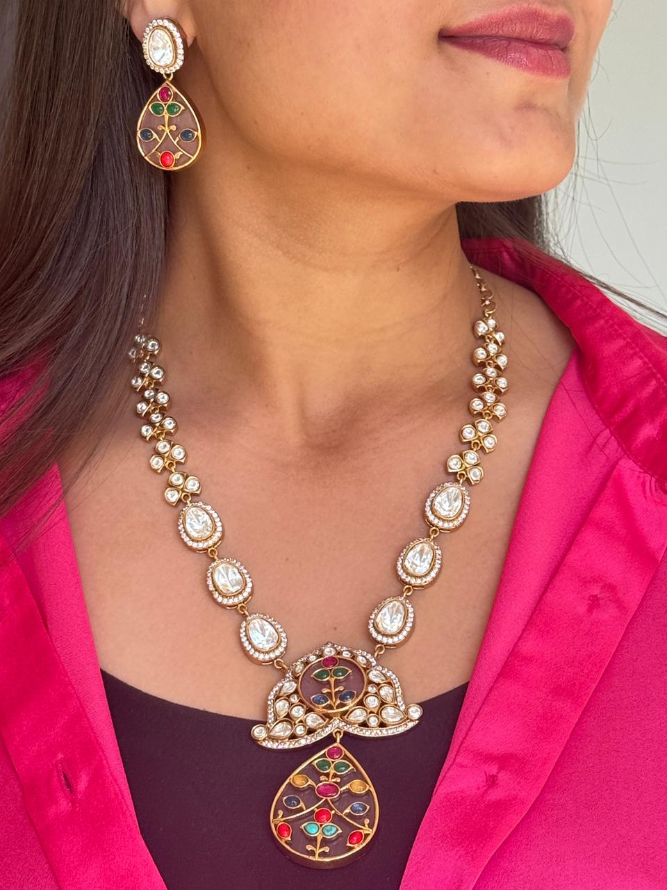 Misha Navratna Fusion Moissanite & CZ Long Necklace Set