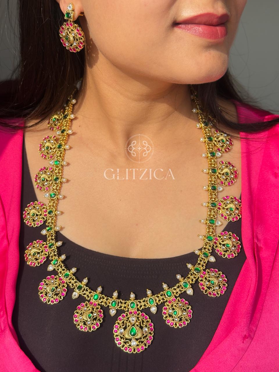 Long Meenakshi Jadau Antique Necklace Set