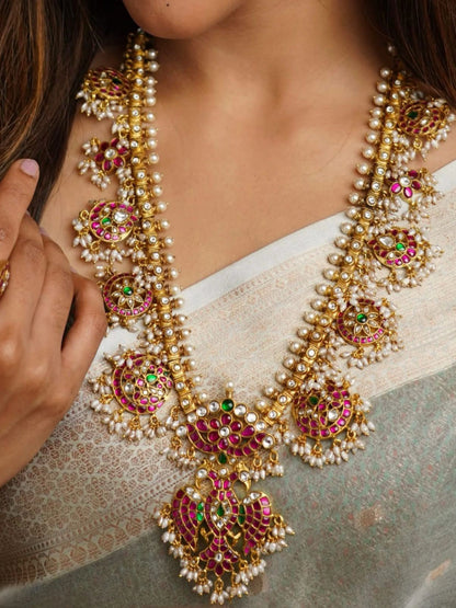 Swathi Peacock Long Jadua Kundan Necklace Set