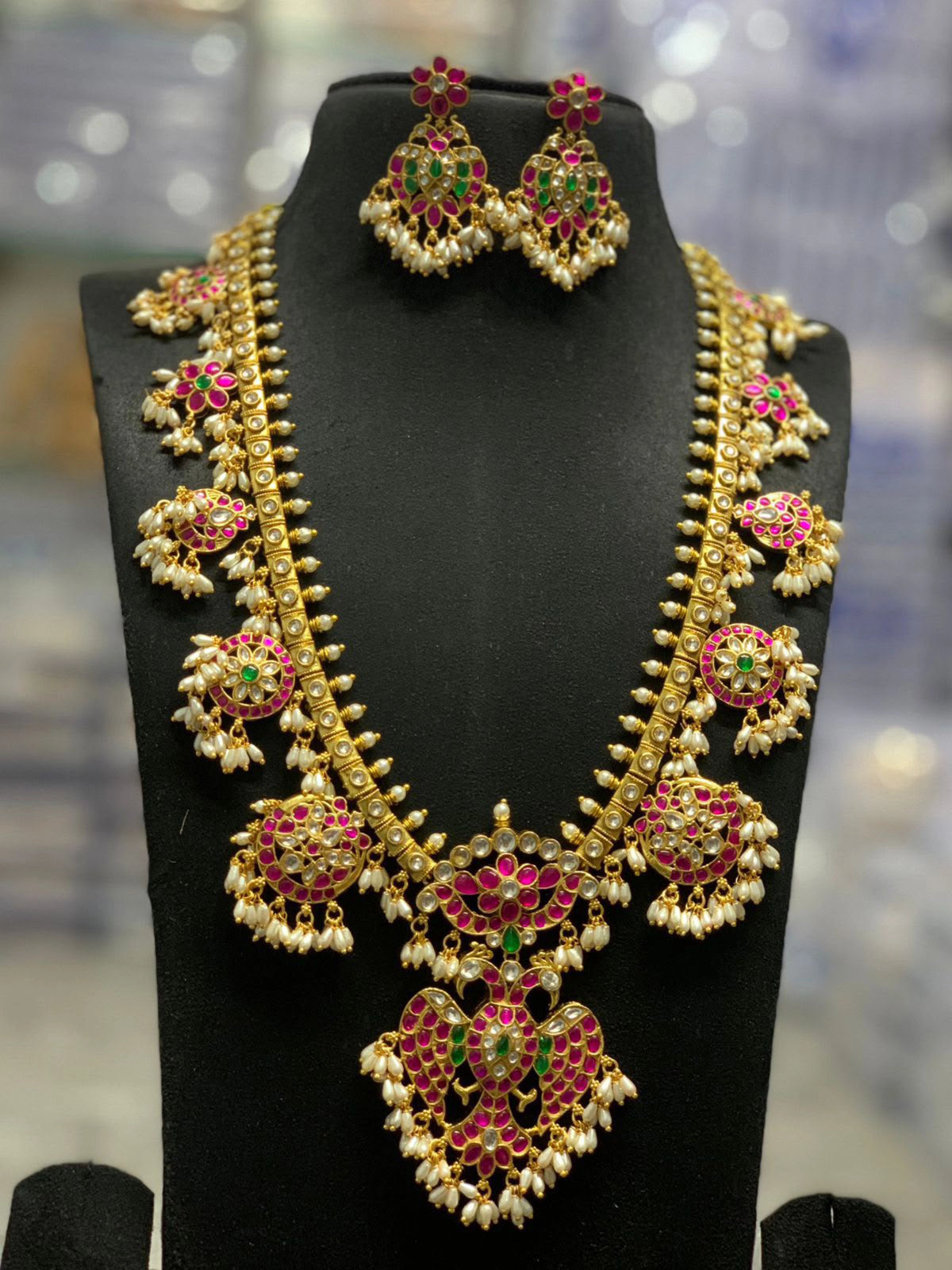 Swathi Peacock Long Jadua Kundan Necklace Set